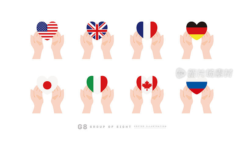 [G8-group of eight-]手和国旗图标矢量插图